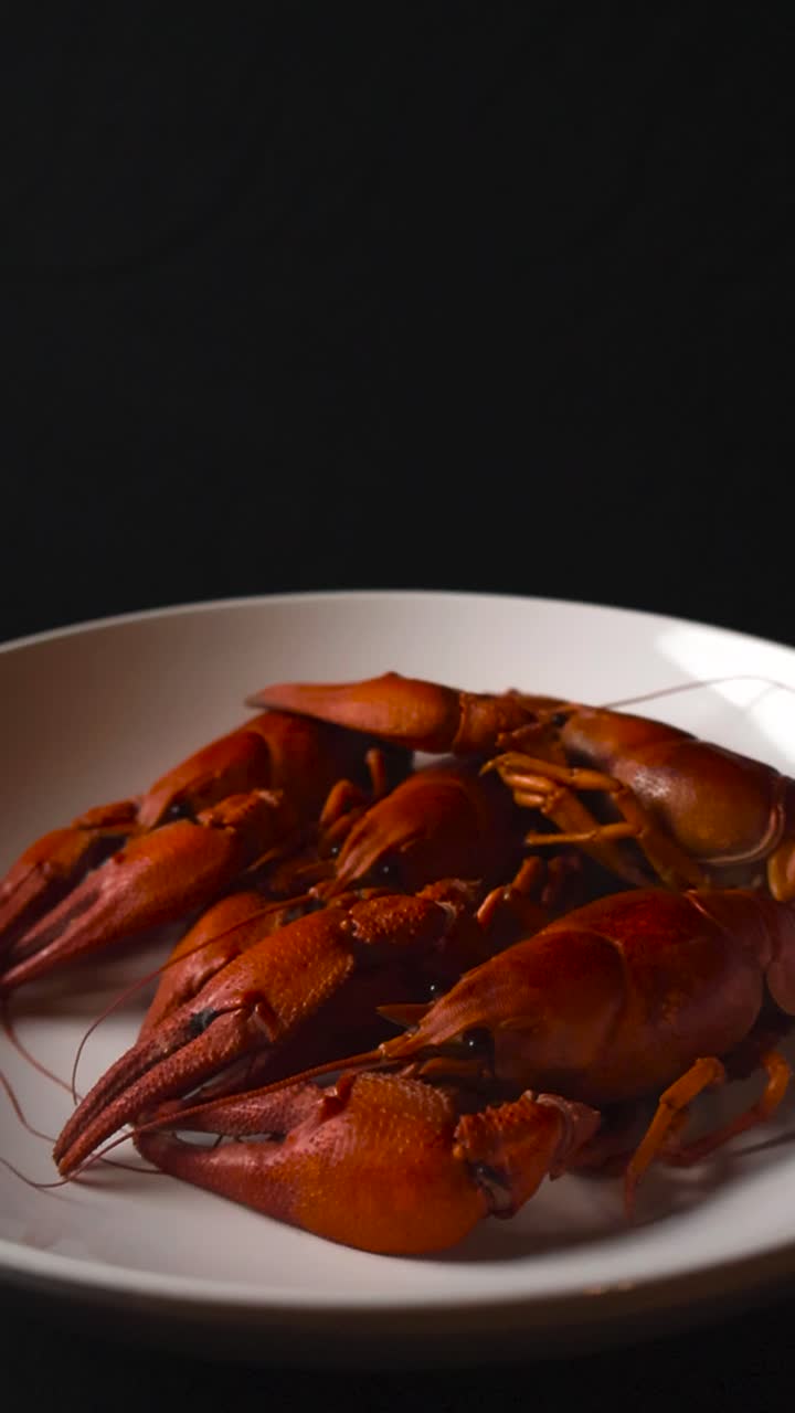 Vertical close up gently circles a white platter filled with freshly cooked seafood composition. Red boiled crawfish, lobsters on a white plate under studio soft lighting set against black background