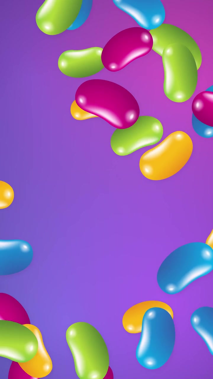 3D-animerede jelly beans falder og hopper hen over en lys lilla gradientbaggrund
