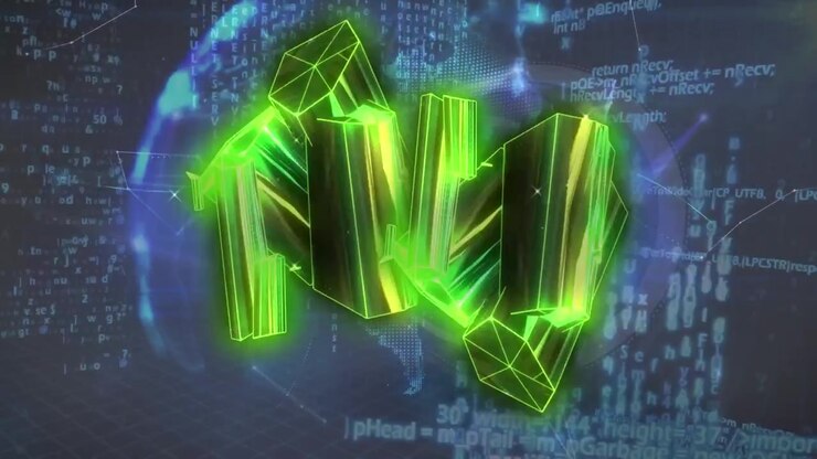 Animation of cluster of yellow metallic shapes over globe and data processing on black background