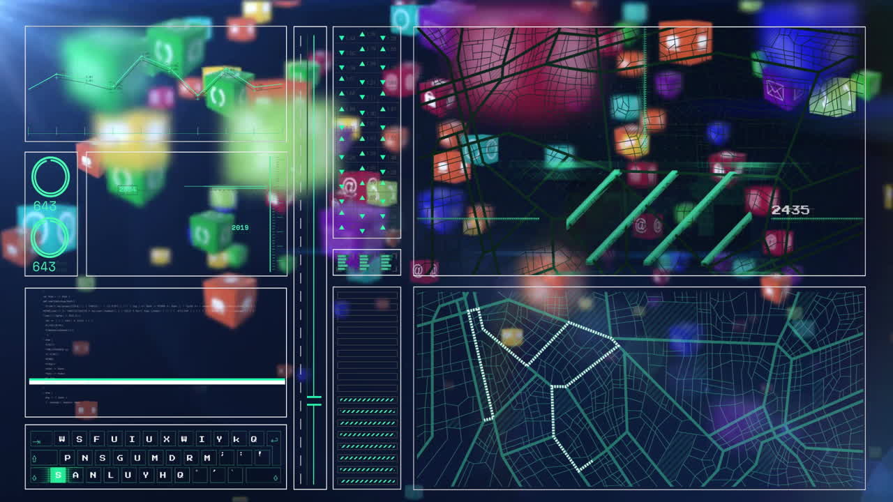 Animation af farverige datakuber og grafer på digital grænseflade med forbindelser