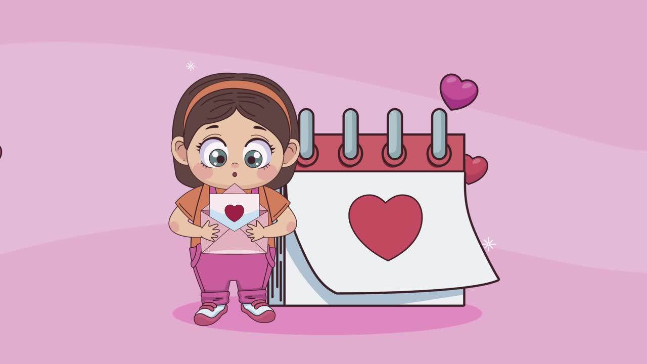 little lover girl with love letter and calendar animation