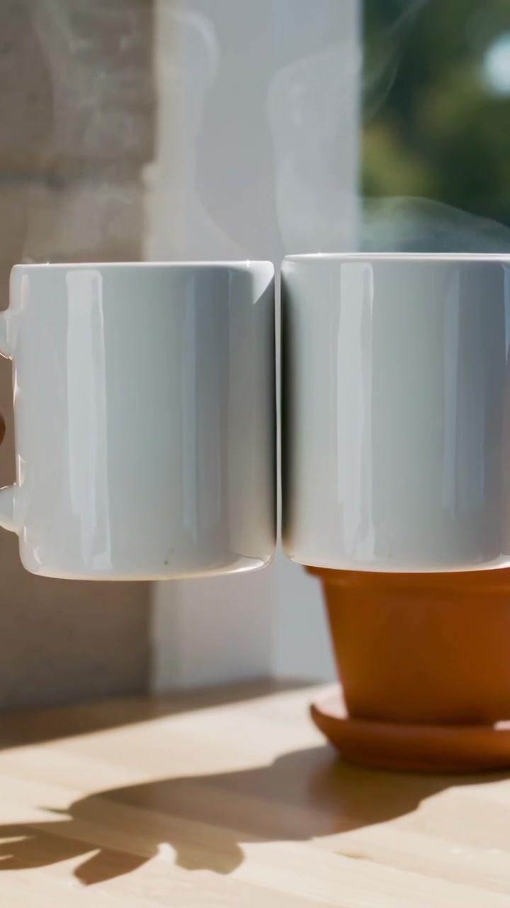 Vertical video: Lifting by sun two white mugs gliding on sill, aligning rims, revealing succulent