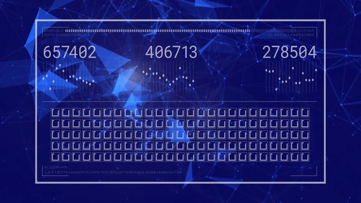 On show, data panel updating number fields and line charts, pulsing squares showing live data flow