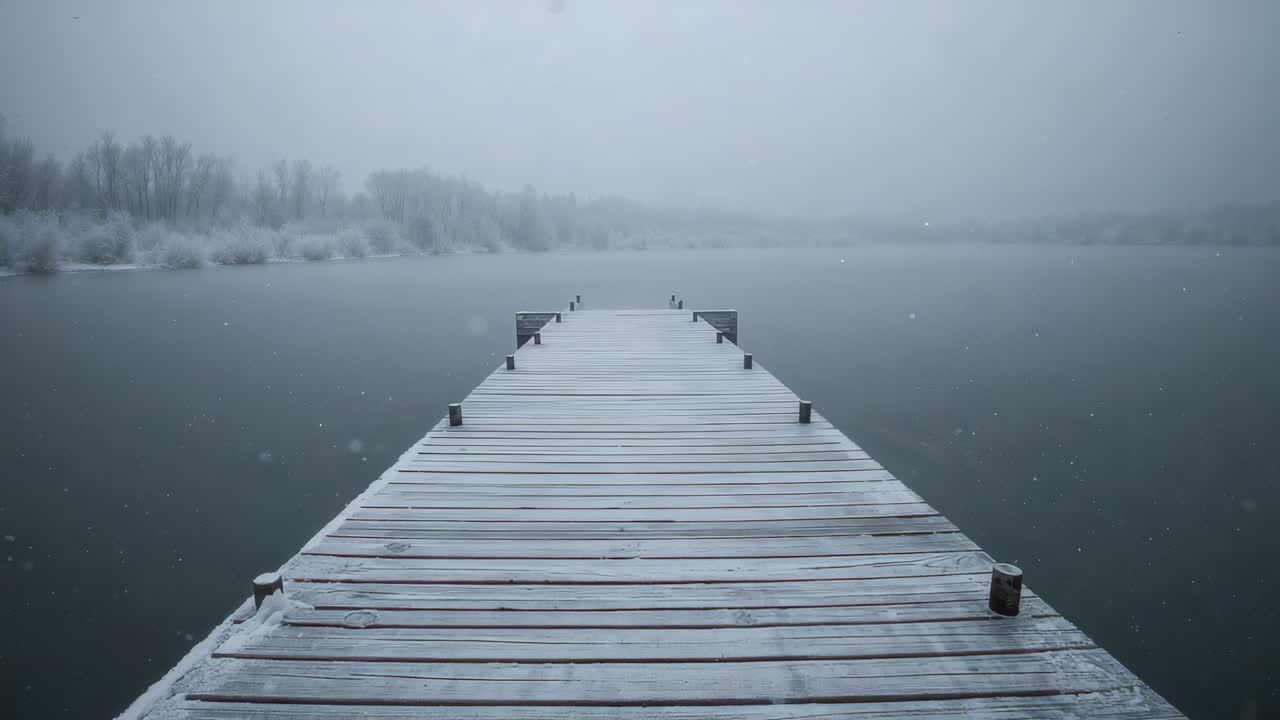 Capturing straight wooden pier receiving frost settling with fog thickening at lakeside, bollards