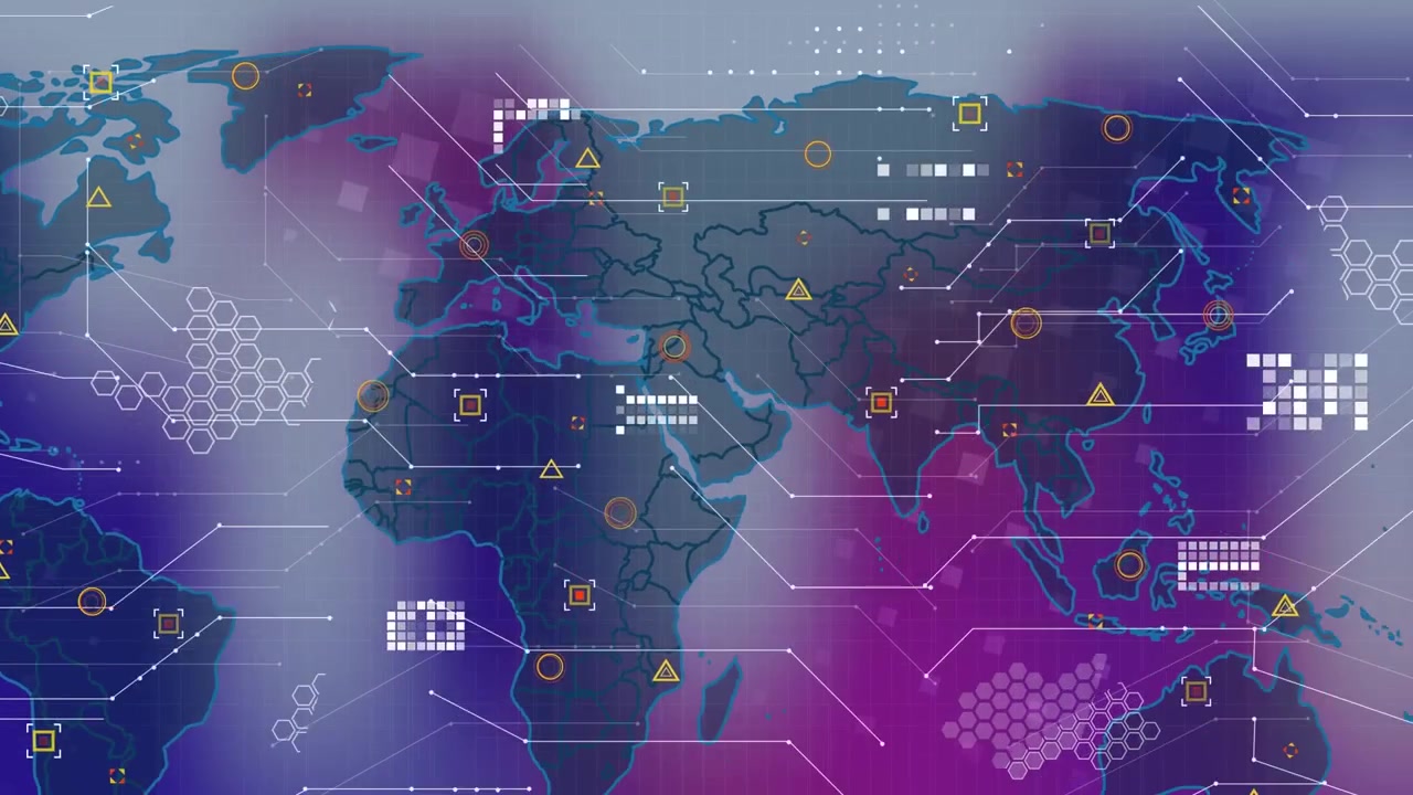 Animation of world map with icons over blue, pink and beige background