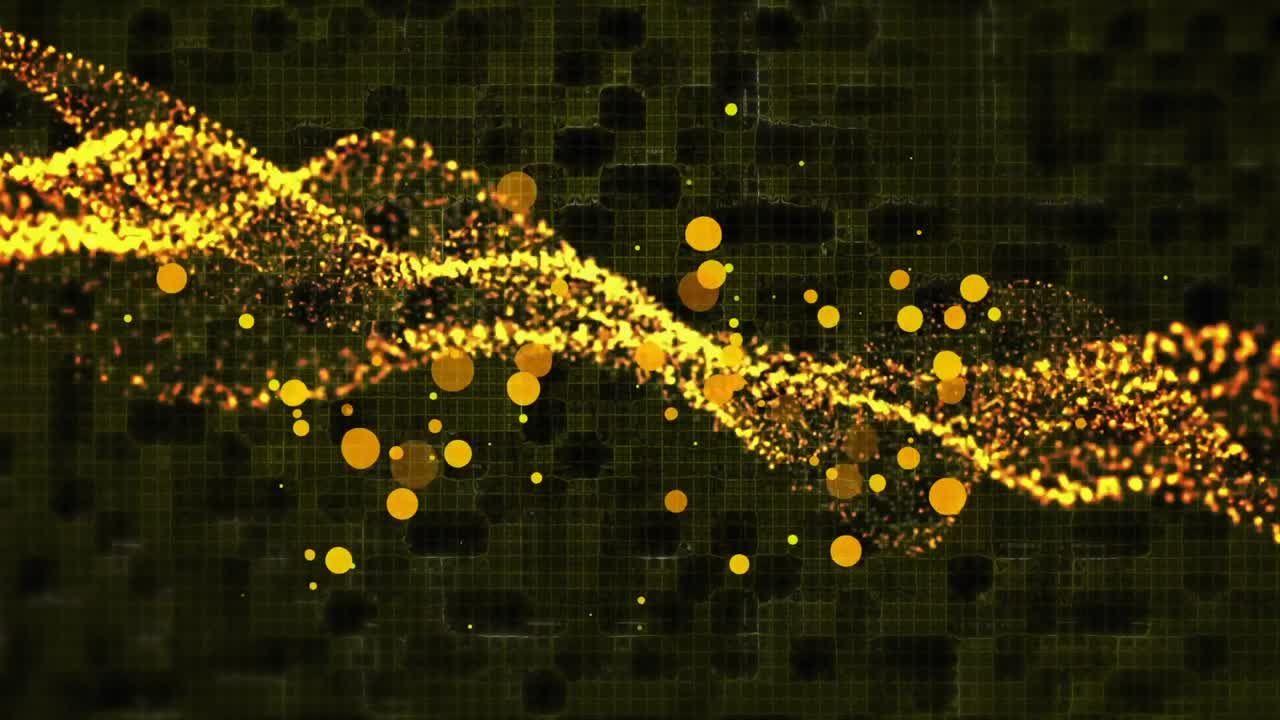 검은 바탕에 움직이는 금색 풍경 위에 떠다니는 오렌지색 반점의 애니메이션