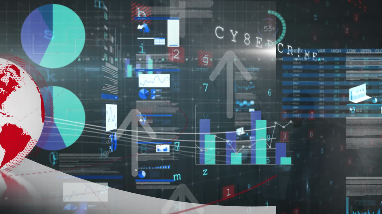 animación del procesamiento de datos y estadísticas en la pantalla sobre la advertencia de ataque cibernético