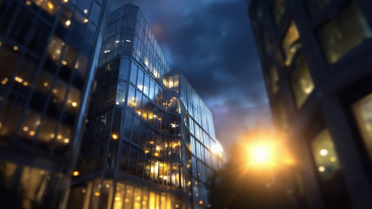 Impresionante captura arquitectónica al anochecer que muestra reflejos y fachadas iluminadas de modernos edificios de cristal con un espectacular fondo de cielo nocturno.