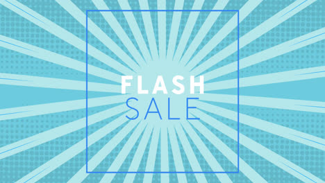 animation of flash sale text in square over sunrays against blue background