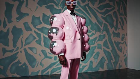 male fashion model poses in a studio setting, showcasing a bold, avant garde pink suit with large, transparent inflatable sleeves against a patterned backdrop