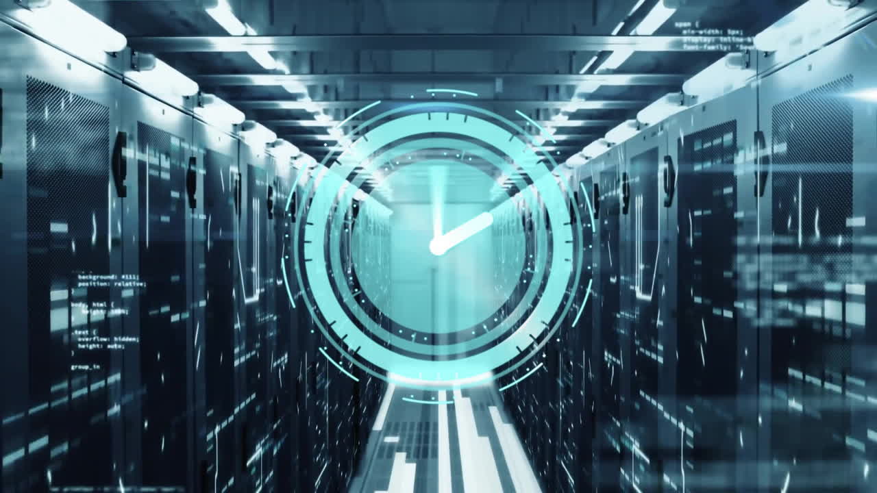 Animation of clock ticking and digital data processing over computer servers