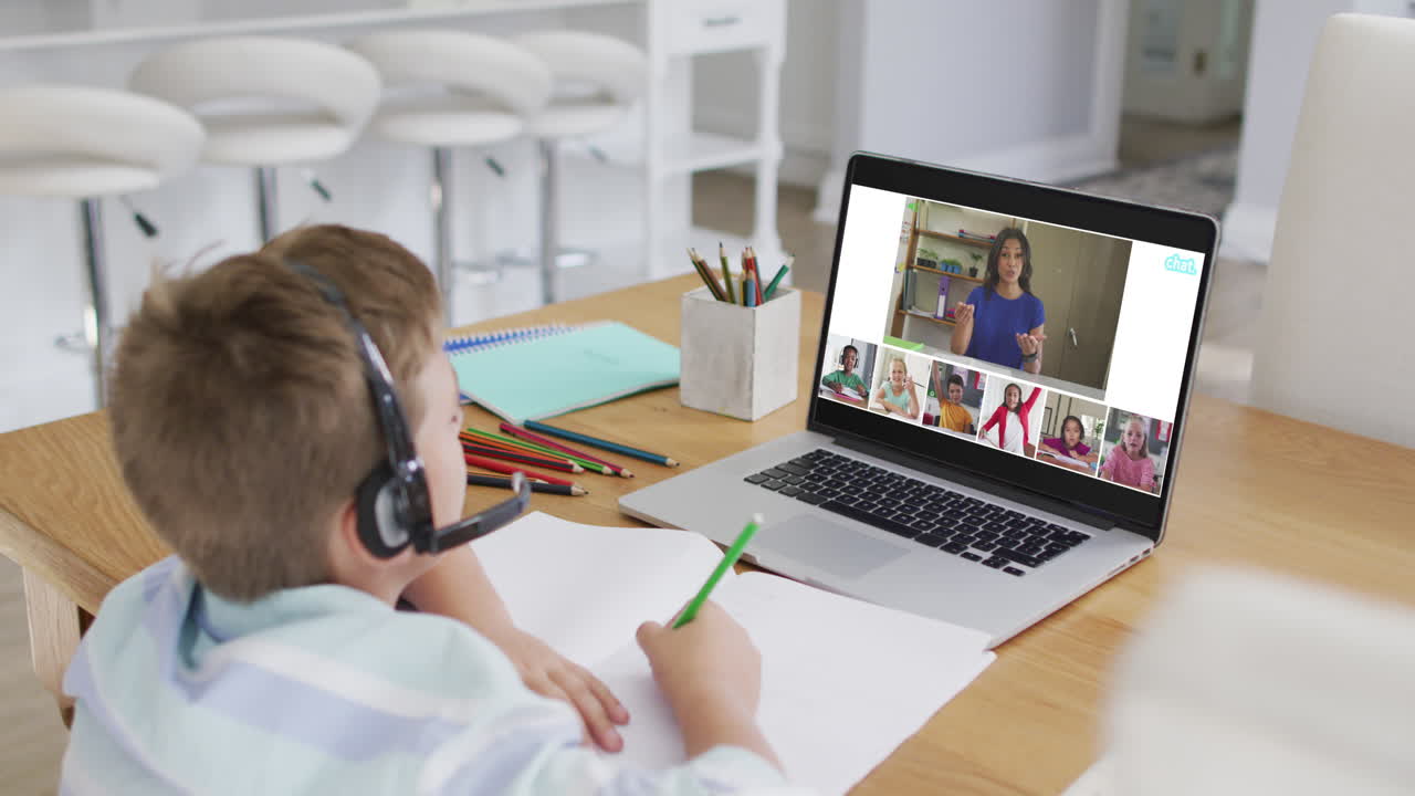 Composite of boy using laptop for online lesson at home, with diverse teacher and class on screen