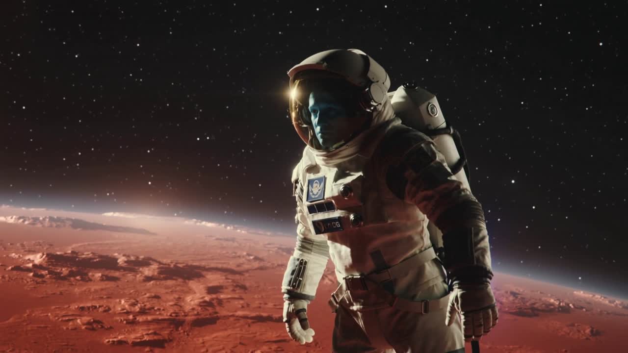 Aktiverer thrustere, mandlig astronaut i dragt driver tættere på over Mars for at scanne, viser blåt ansigt