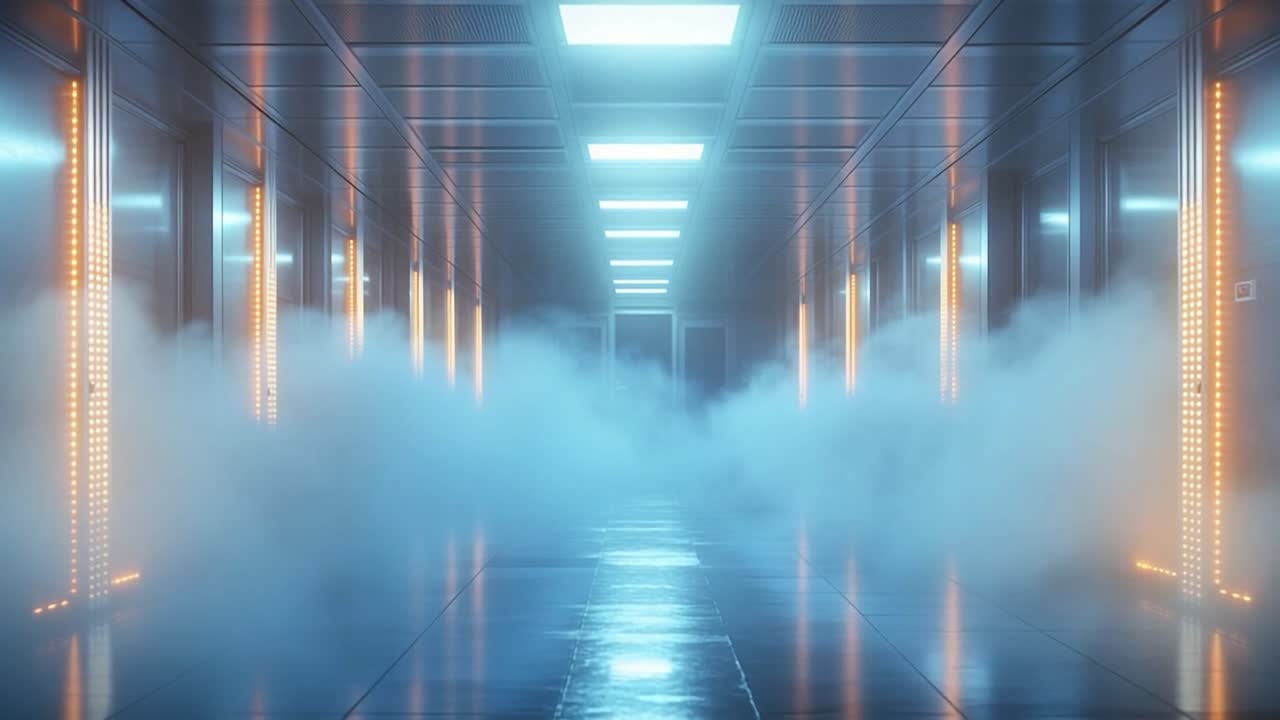 Futuristic Corridor with Neon Lights and Smoke