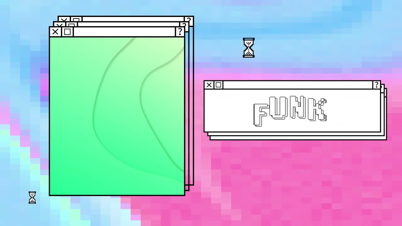 Animation of colourful shapes moving over funk text