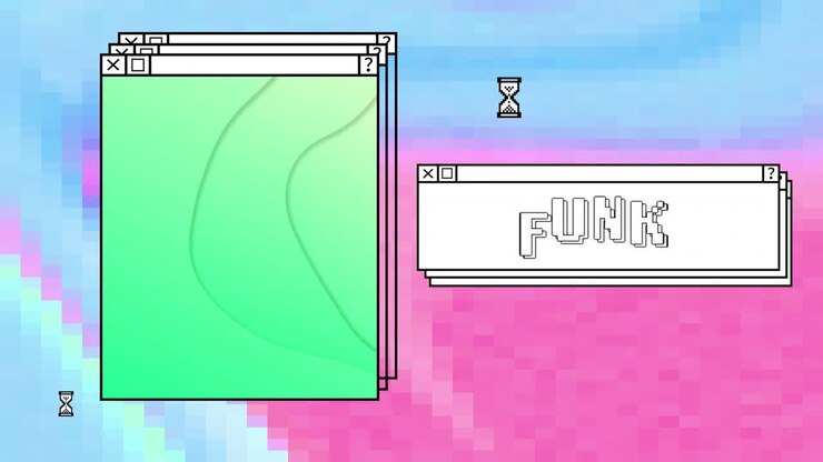 Animation of colourful shapes moving over funk text