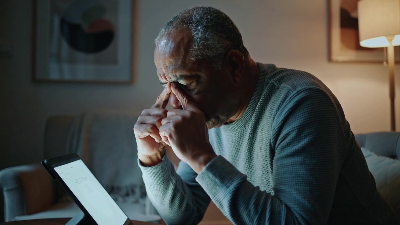 Viewing tablet, senior man in gray sweater rubbing nose bridge while trying to focus at home
