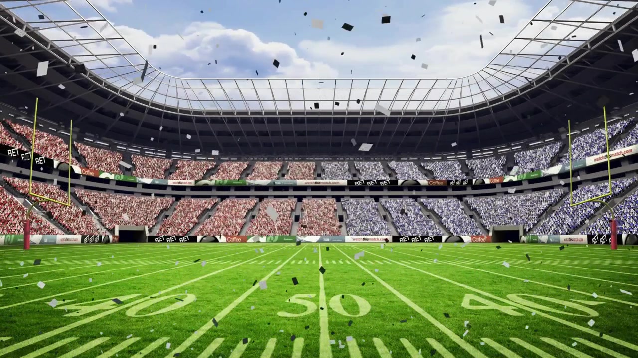 Campo da football americano con linee di yard e pali gialli, con coriandoli fluttuanti in 3D