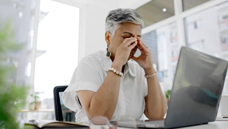 Cansado,-Dolor-De-Cabeza-Y-Mujer-De-Negocios-En-La-Computadora-Portátil