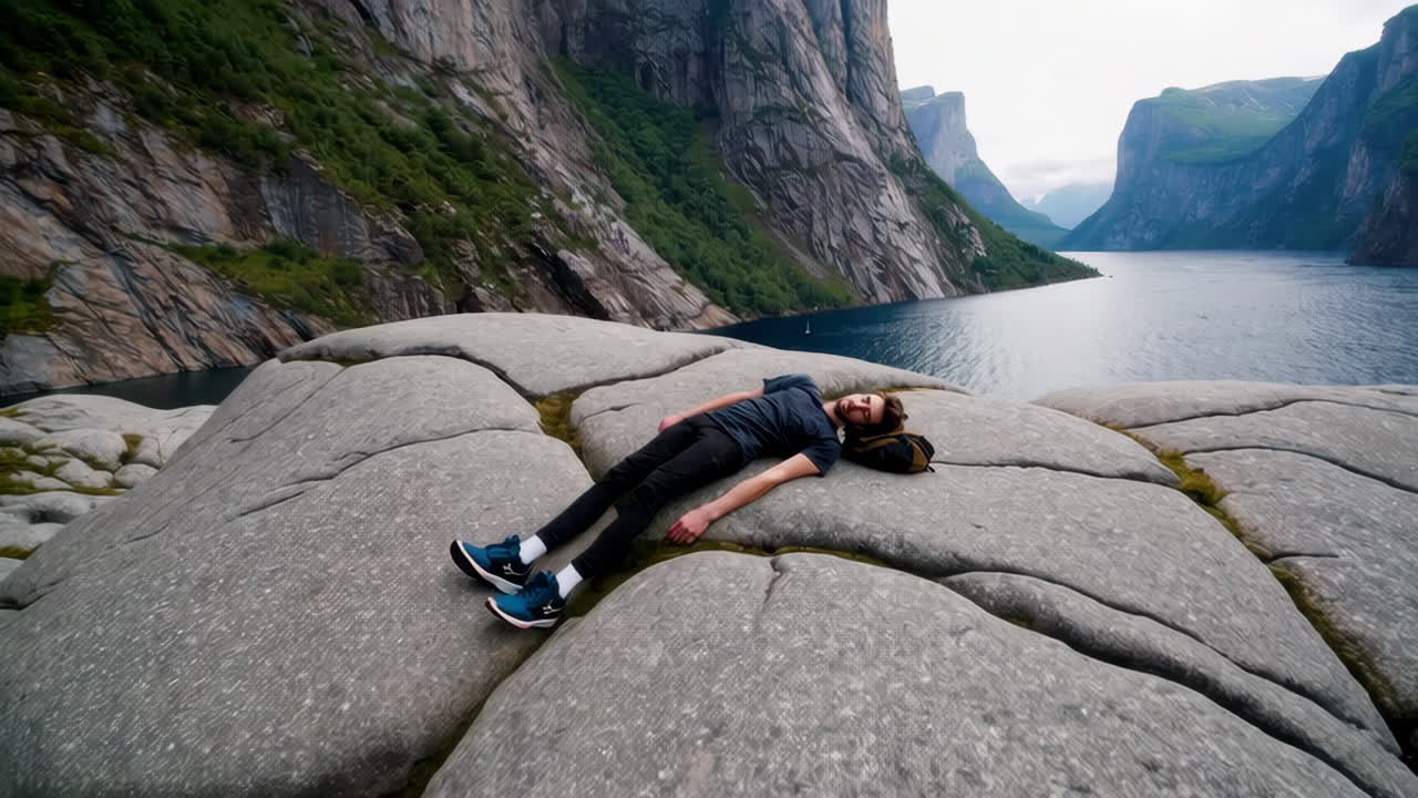 Person relaxing on large rocks overlooking a scenic Norwegian fjord