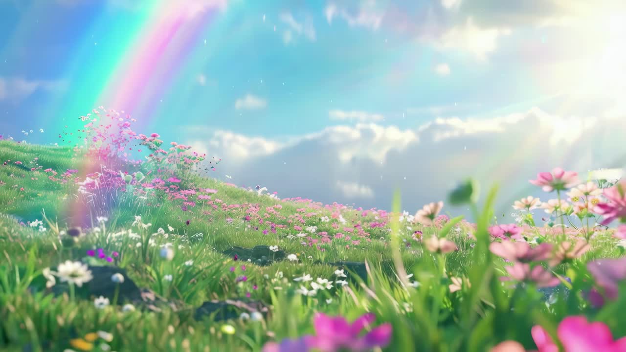 A serene, low-angle video shot of a vibrant meadow with blooming flowers under a bright rainbow