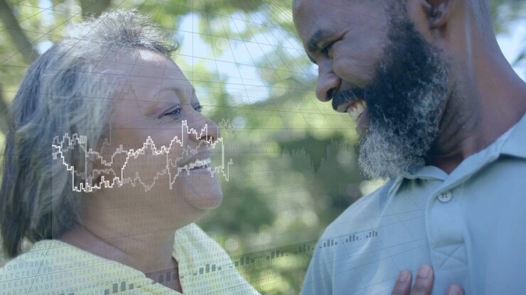 Senior woman and mature man smiling, eye contact sparking waveform crossing faces for marketing