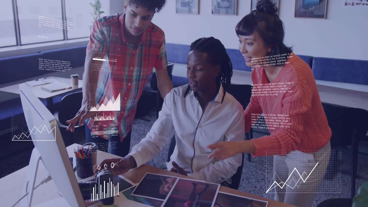 Diverse team collaborating on project with data analytics animation overlay
