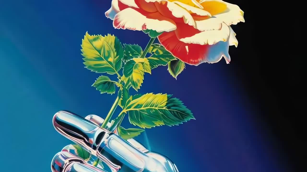 A futuristic video concept with a metallic hand holding a rose, captured from a low angle