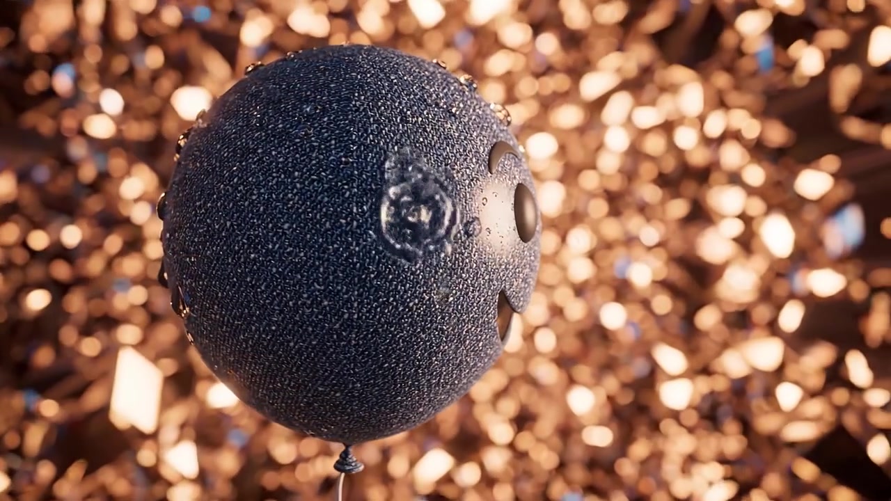 En glad ballon med et smilende ansigt, omgivet af en funklende og levende baggrund, der fanger essensen af fest og glæde i bevægelse.