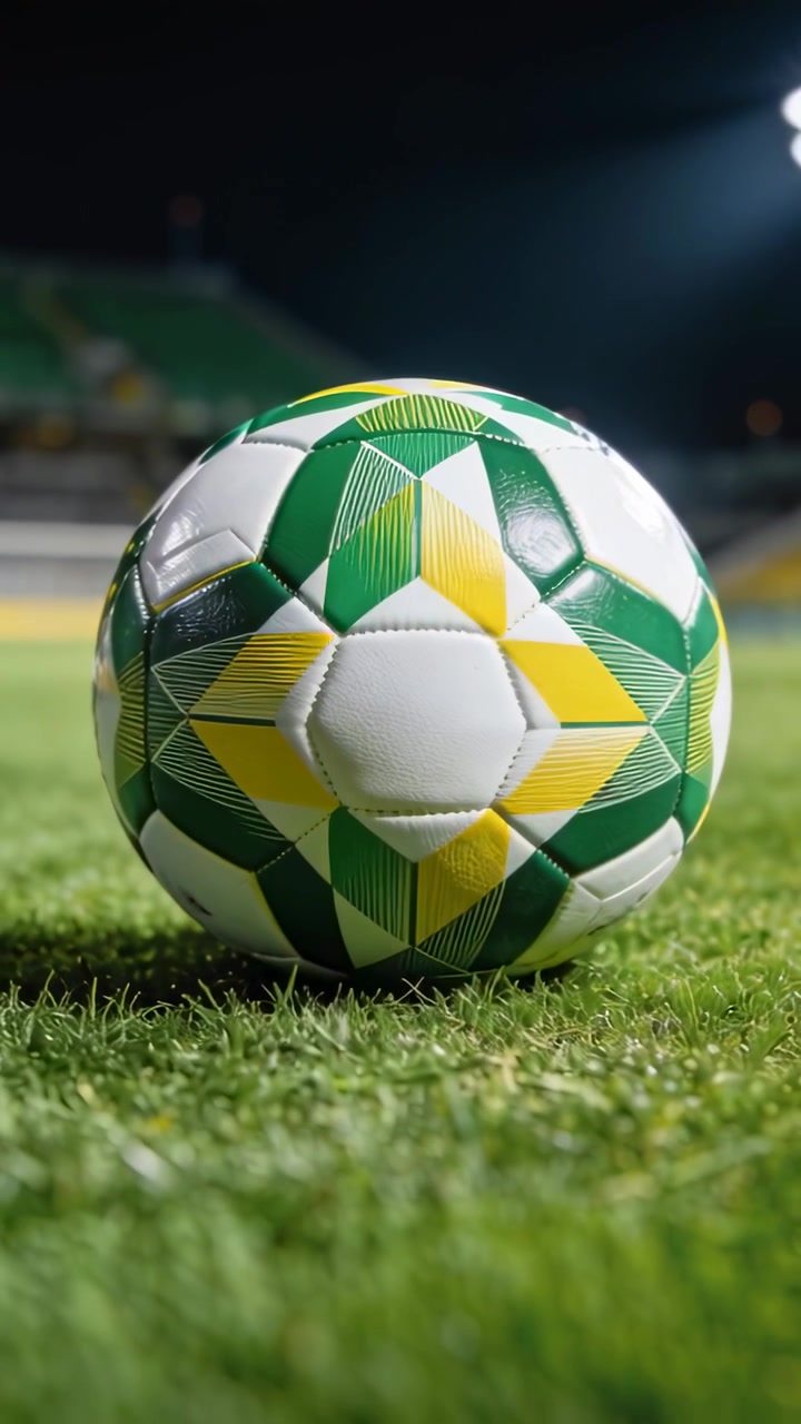 Dikey video: Geri çekilen lens, gece sahasında yeşil-sarı-beyaz bir futbol topunu ve ışıklı tribünleri gösteriyor.