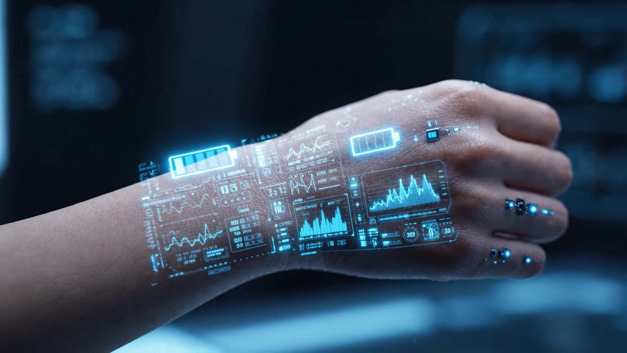 Futuristic Interface: A Hand with Digital Battery and Data Visualization Projections, Embodying Advanced Technology and Human-Computer Interaction