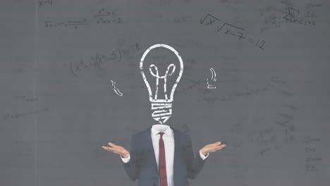 animation of light bulb and caucasian businessman over mathematical equations on white background