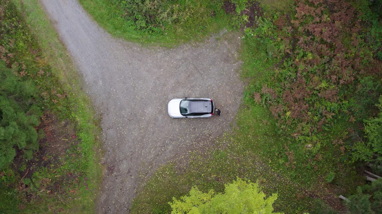 Vista aerea di una persona che cammina verso il bagagliaio di un SUV in un parcheggio forestale - dall'alto, ripresa con drone