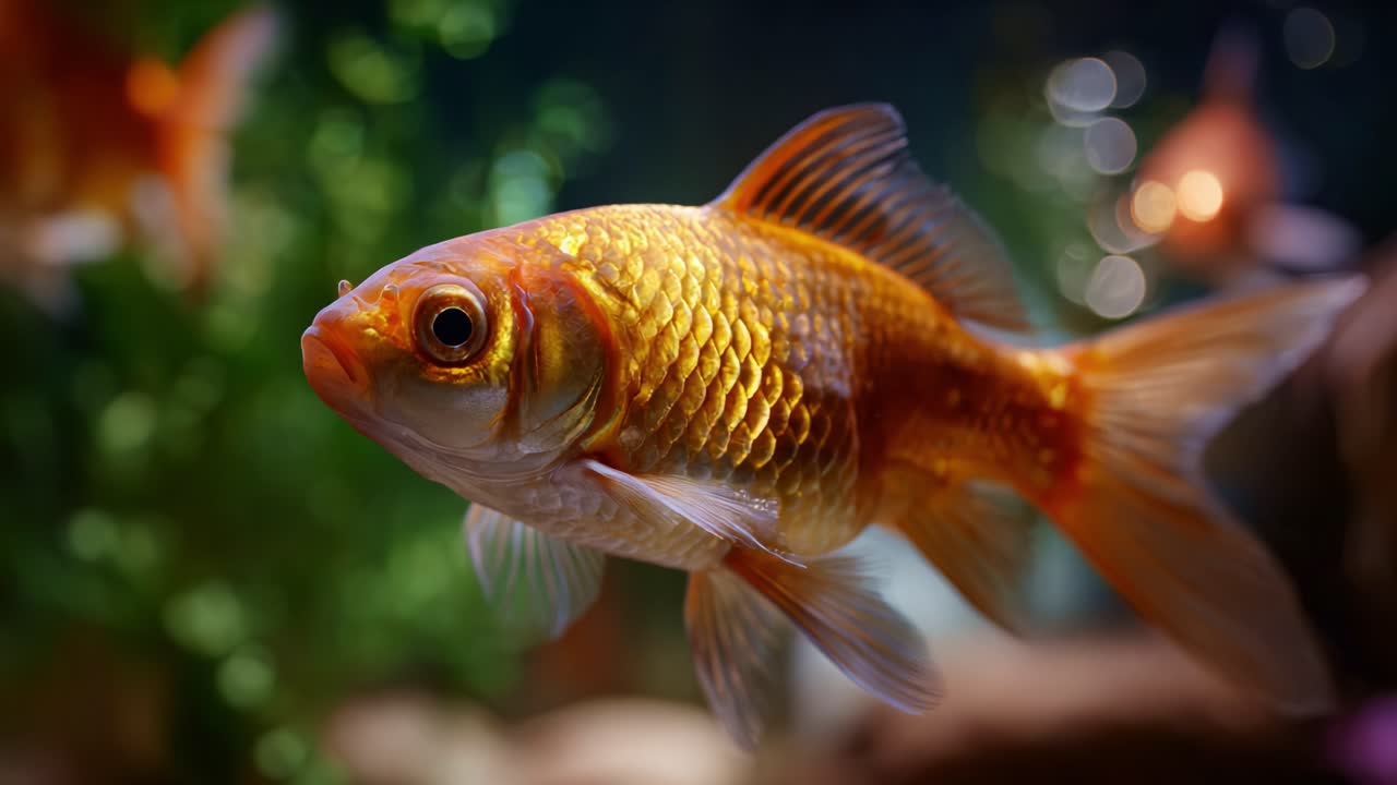 Peixinhos dourados cativantes nadando graciosamente em um aquário, exibindo cores vibrantes e detalhes complexos em um ambiente subaquático sereno