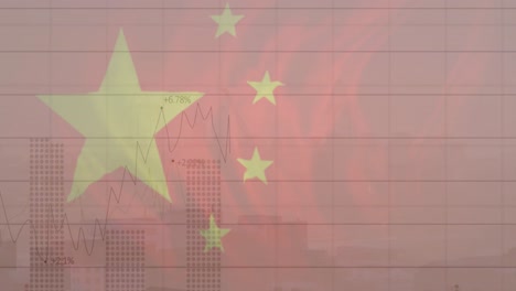 Animación-De-La-Bandera-De-China-Y-Procesamiento-De-Datos-Financieros-Sobre-El-Paisaje-Urbano.