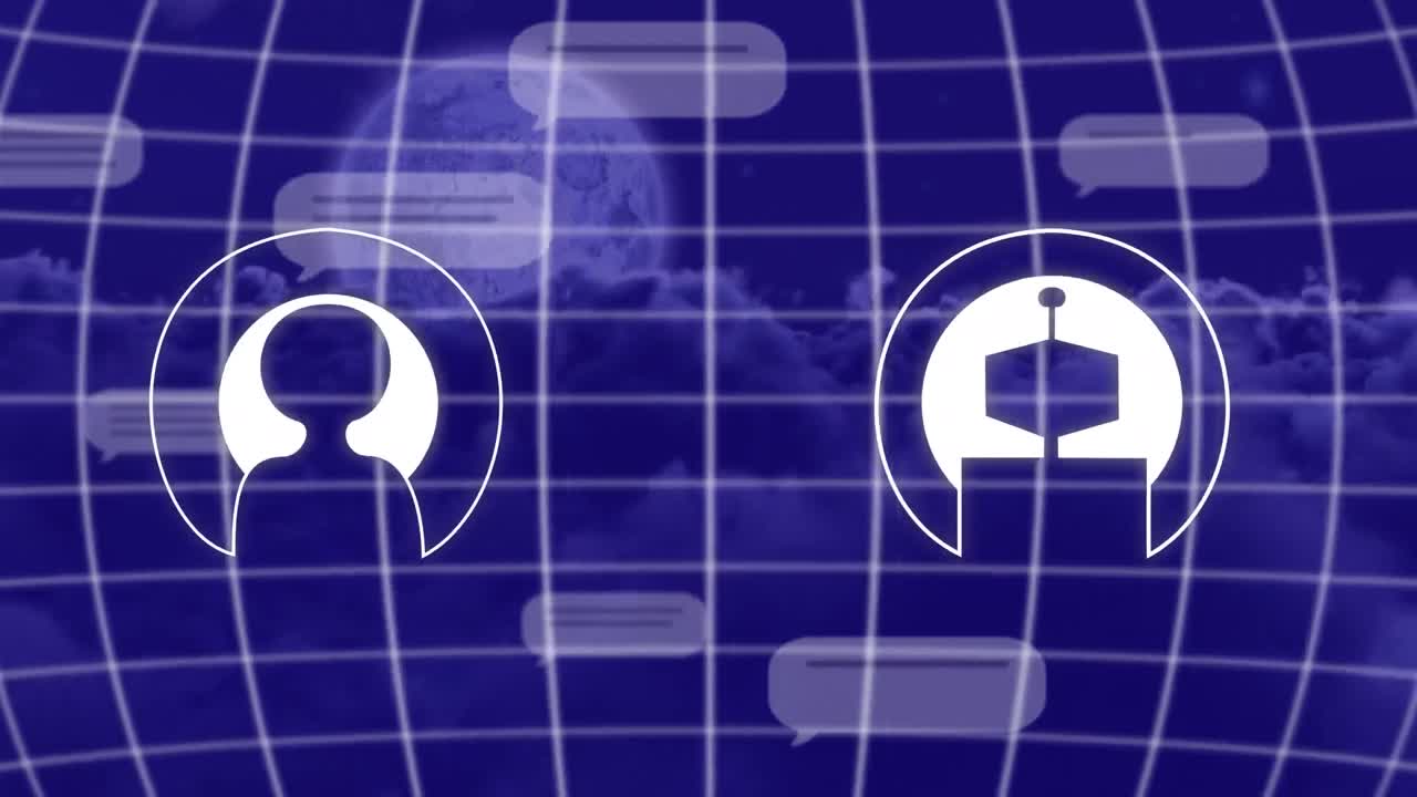 анимация цифровых икон и пустых пузырьков речи над земным шаром на фоне луны и темных облаков