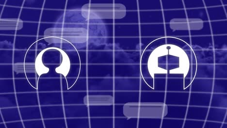Animation of ai digital icons and blank speech bubbles over globe against moon and dark clouds