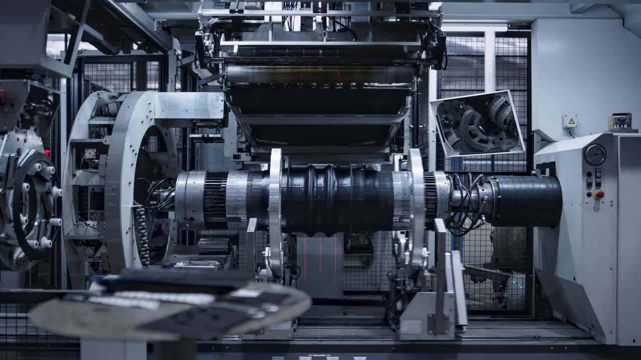 Technological tyre production machine making new rubber equipment at factory