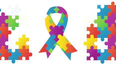 Animation-of-multi-coloured-puzzle-pieces-and-ribbon-over-white-background