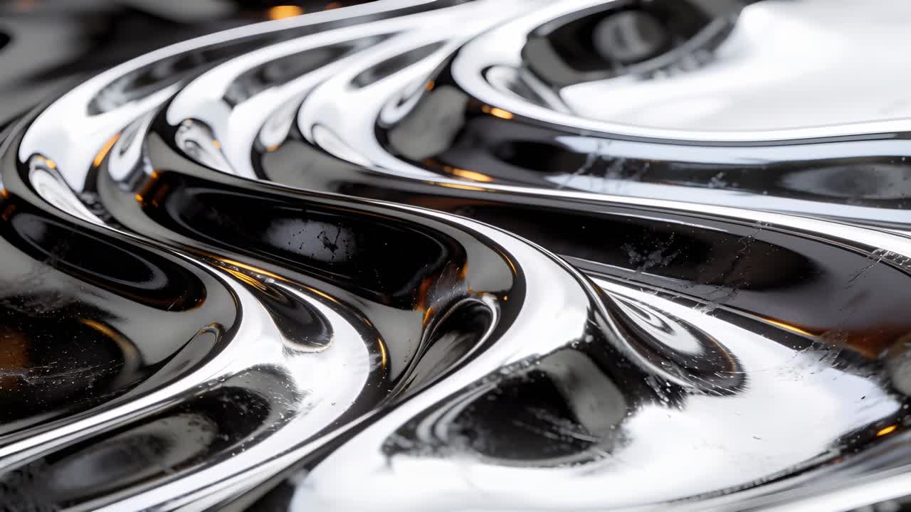 Camera verschuift naar rechts in studio, toont golvend metalen oppervlak, benadrukt amberkleurige reflecties