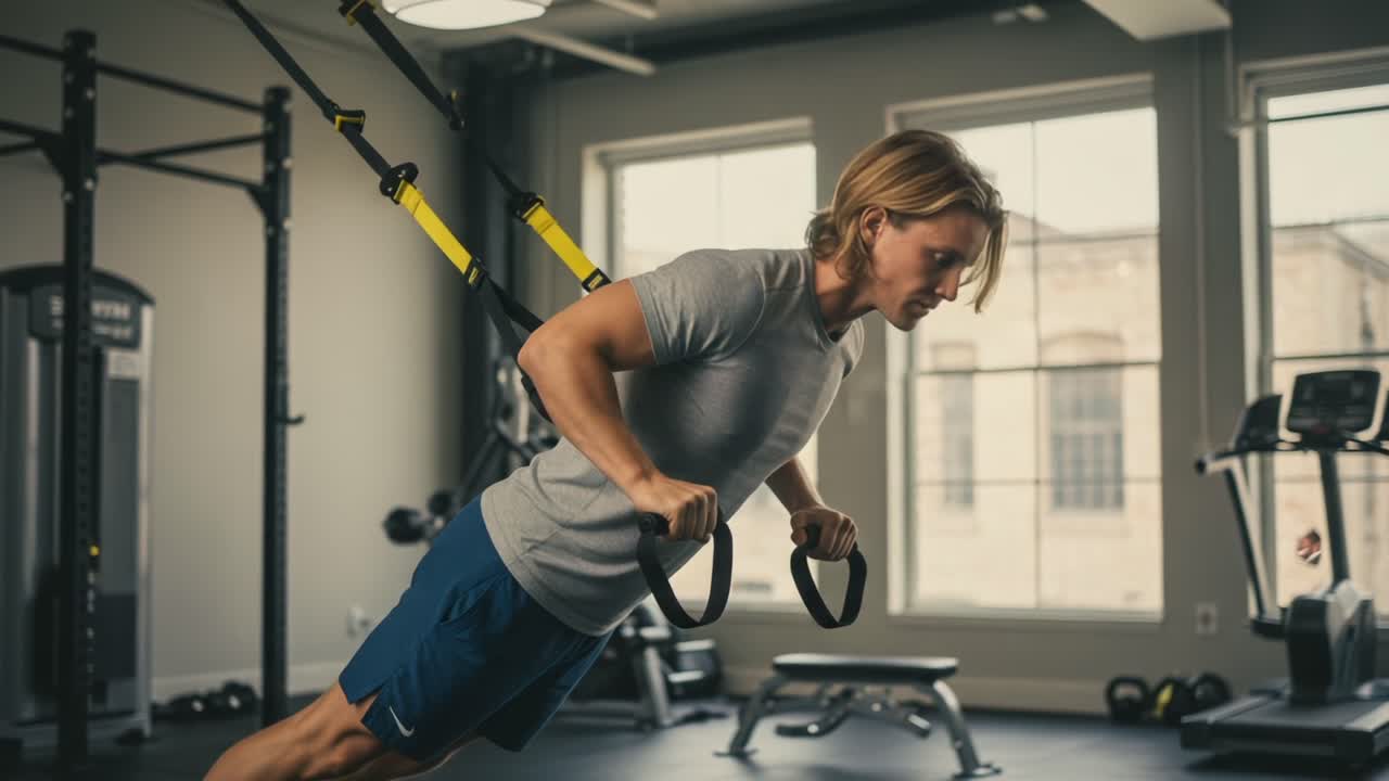 Dedicated Fitness Training: A Strong Individual Engaged in TRX Suspension Push-Up Exercises to Enhance Upper Body Strength in a Modern Gym Environment