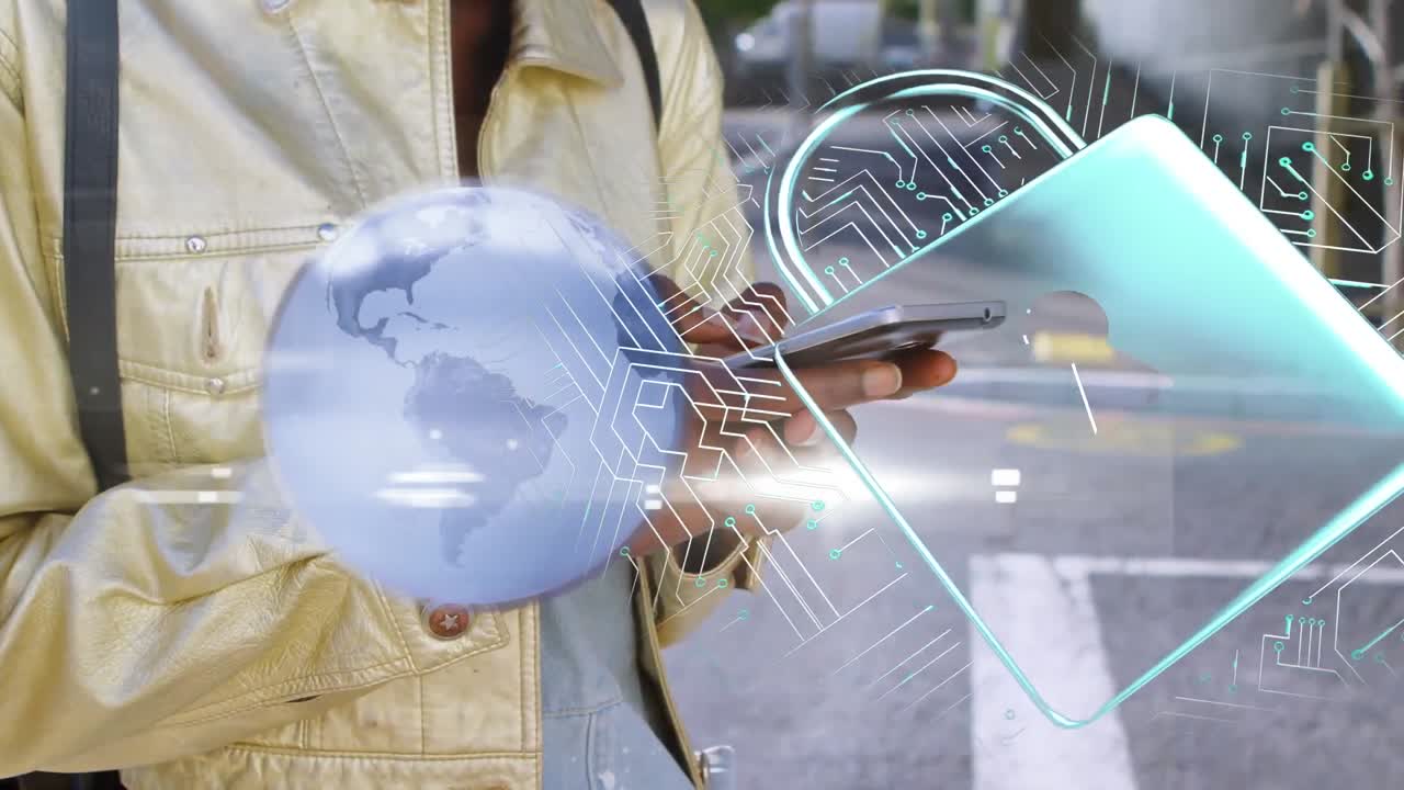 animación de un candado, una placa de circuito de computadora y un globo sobre una mujer afroamericana que usa un teléfono inteligente