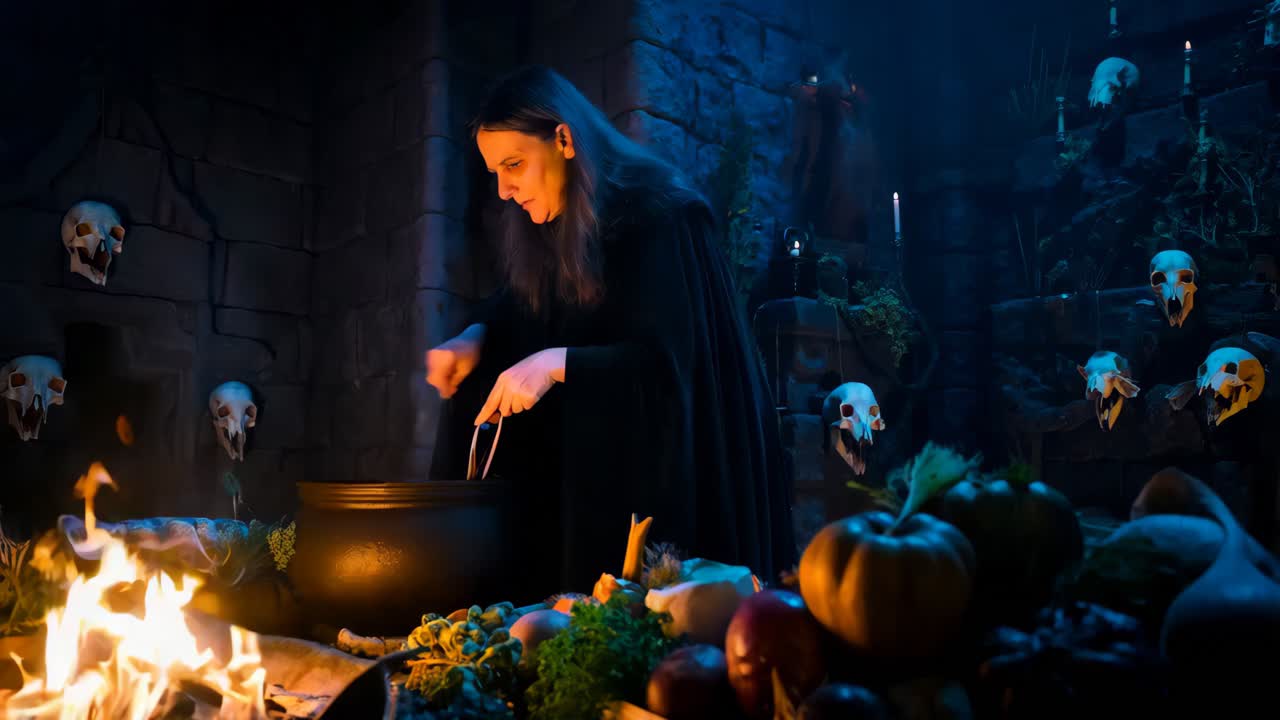 uma bruxa a preparar uma poção numa cozinha medieval escura.