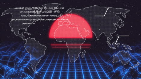 ecuaciones matemáticas y animación de datos sobre mapa mundial digital con sol rojo