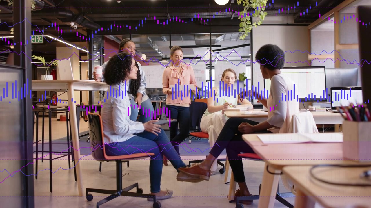 Woman at right starting talk and gesturing, team planning in tech hub while waveform covering group