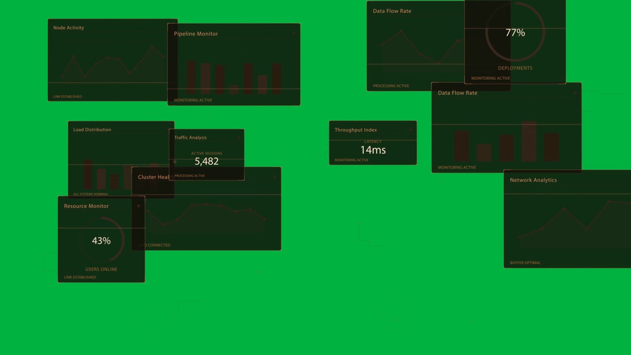 Telemetry HUD booting on transparent grid, nodes linking panels updating charts for monitoring