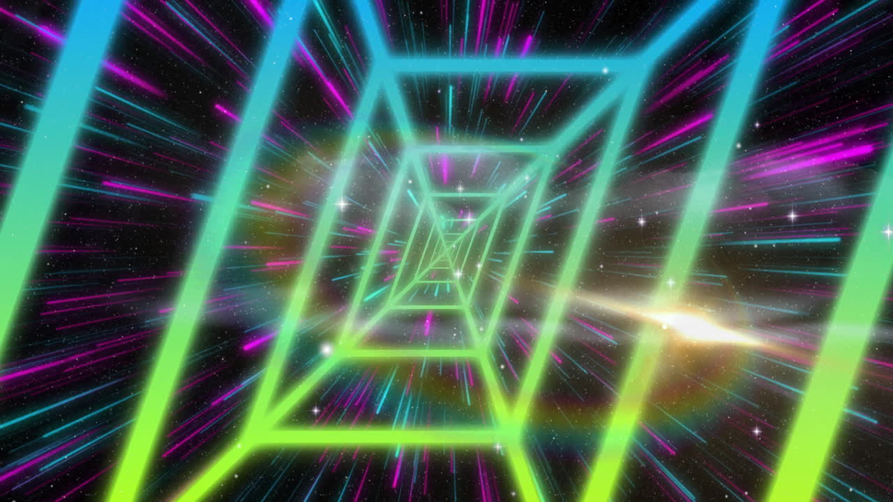 Cornici al neon che si muovono verso l'interno attraverso un tunnel cosmico 3D, con scie di luce multicolori che si irradiano verso l'esterno.