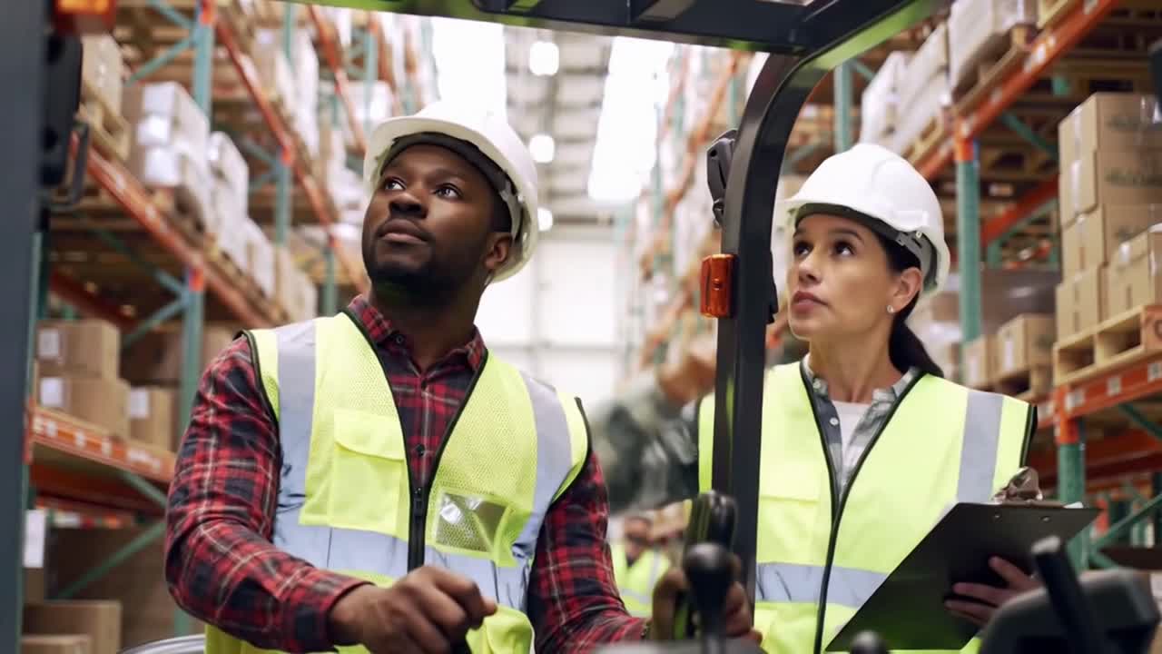 Diverse warehouse workers, a man operating a forklift and woman with a clipboard, discuss logistics