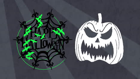 animación de texto feliz de halloween en tela de araña negra con cabeza de calabaza y murciélagos verdes, en gris