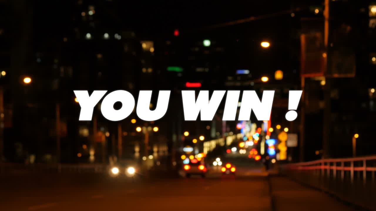 animación de usted ganar texto más fuera de enfoque fondo de la ciudad